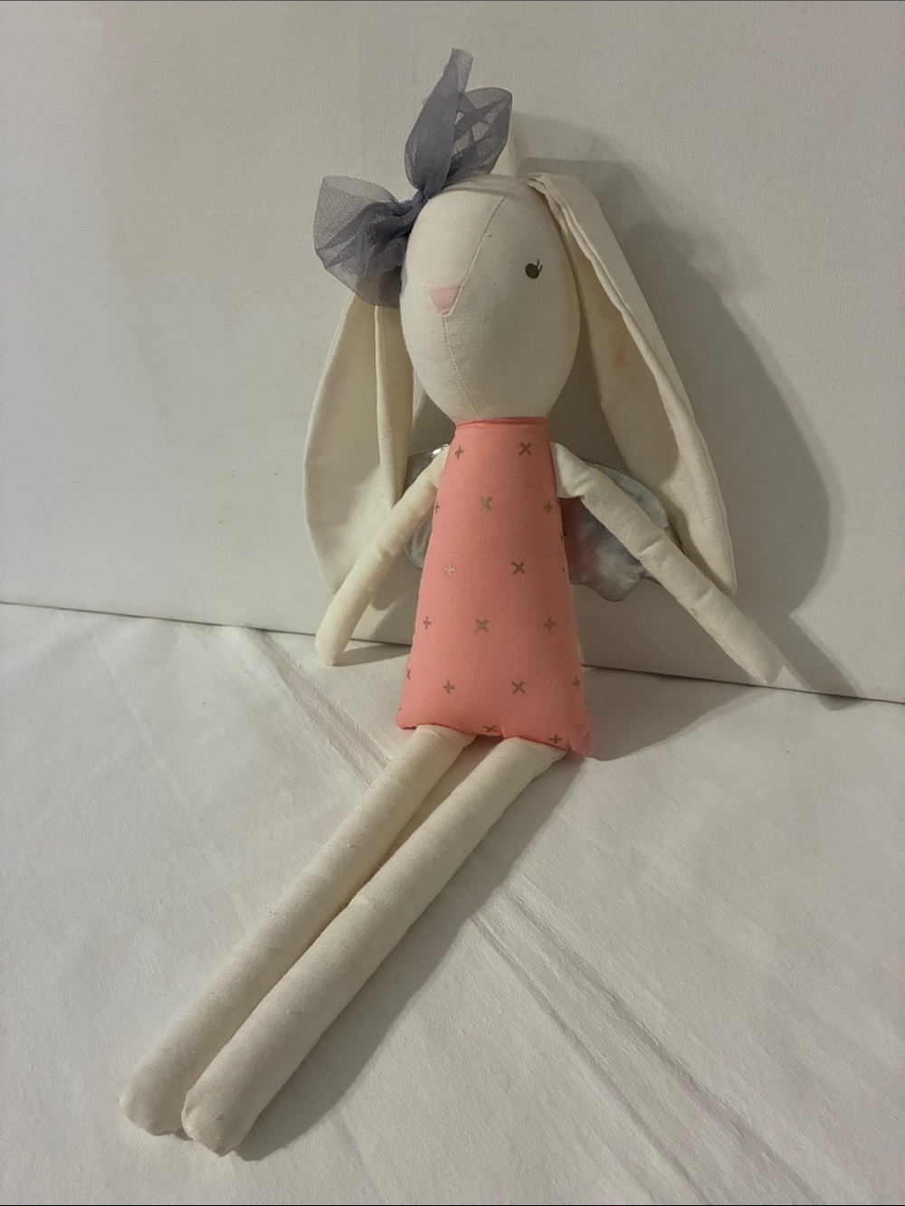 Plush Bunny Doll in Pink Dress with Gray Bow - Kids Toy